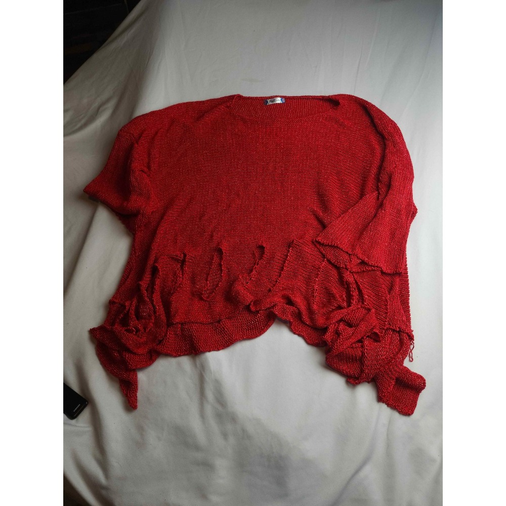 B&K Moda Red Distressed Knit Sweater Short Sleeve Womens XL